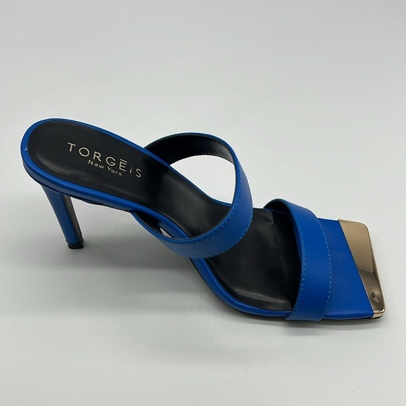 Torgeis - Antilles Bold Blue With Gold Tips Strap Sandal Open Toe Heels Size 7 - Picture 13 of 14